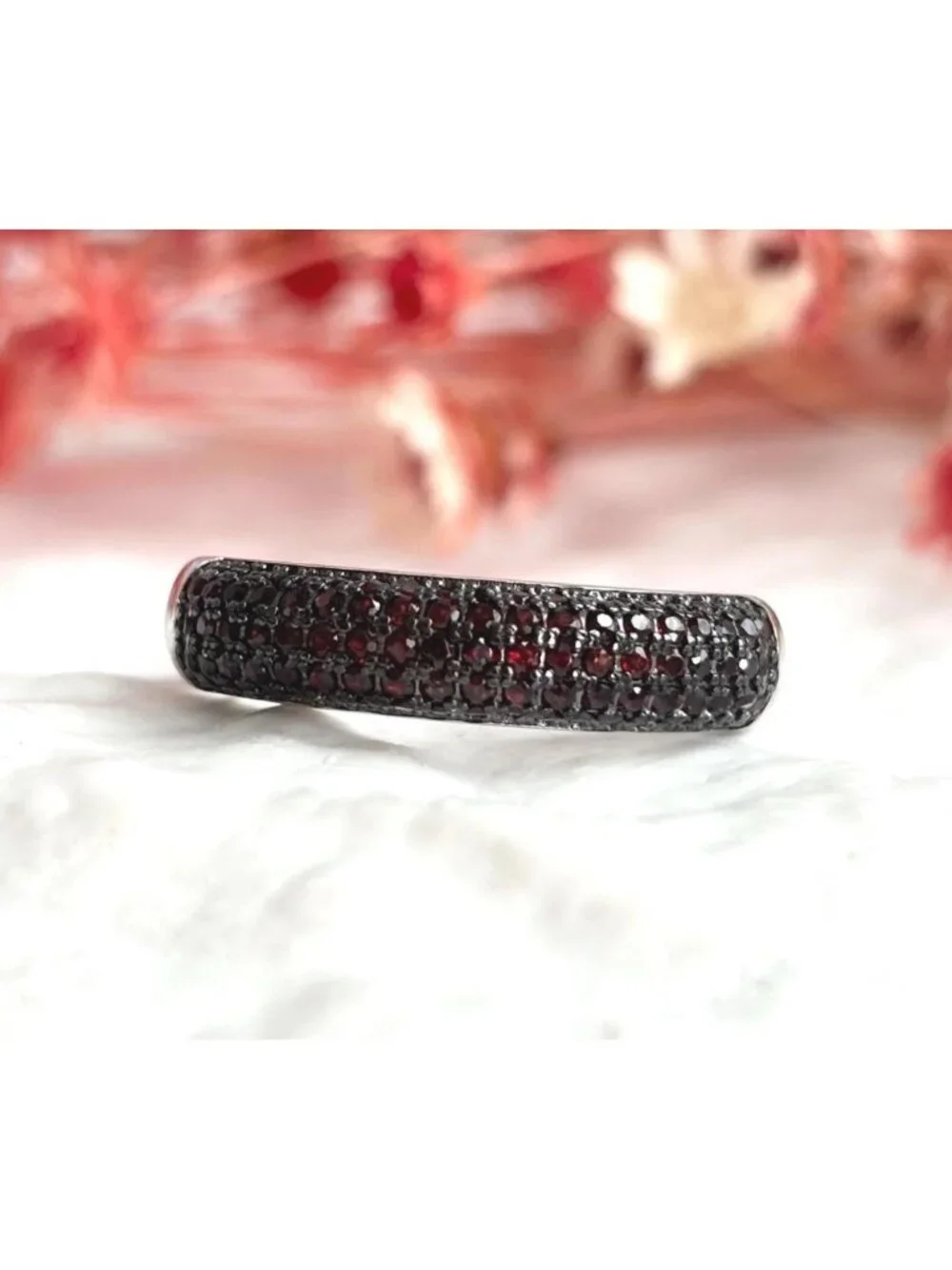 Minimalist Garnet Gemstone Pave Band Sterling Silver 925 Vintage Ring - sz 8